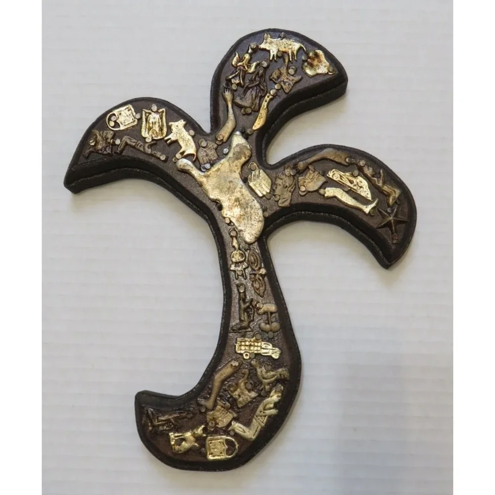 Mexican Folk Art Wall‎ Hanging Milagros Brown Wood Cross Gold Prayer Charms 9.5